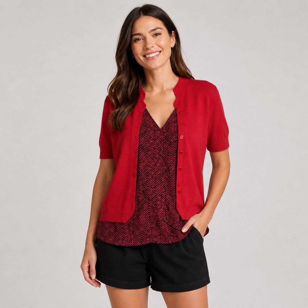 Christopher & Banks Cardigan Sweater Medium Red Short Sleeve Button Front Knit